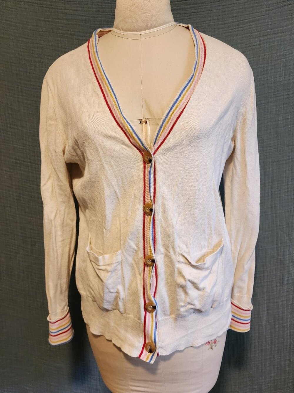 St John's Bay cream cardigan with striped trim, women's size petite medium
